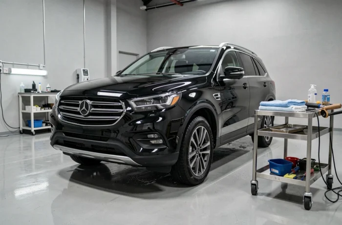SUV noir lustré après un lavage professionnel complet dans un centre de détailing automobile à Metz