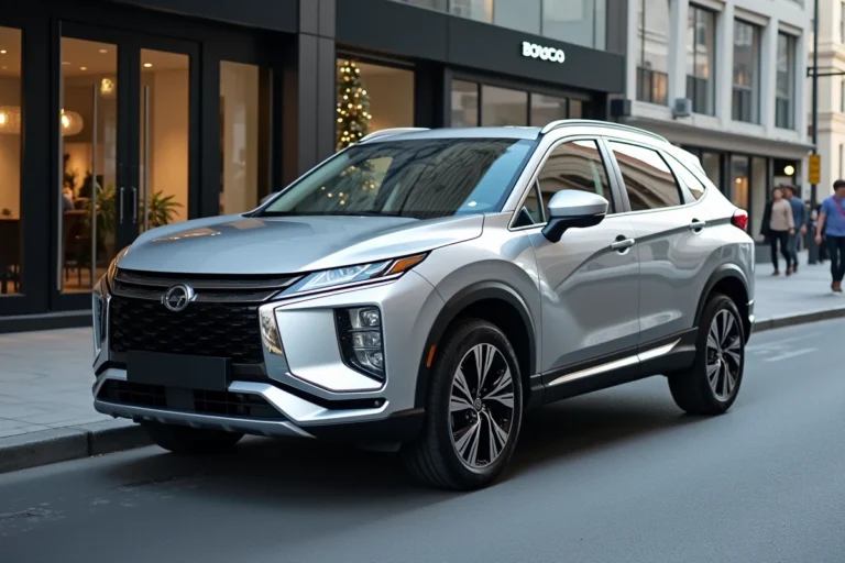 SUV moderne argenté garé devant un showroom automobile contemporain en milieu urbain