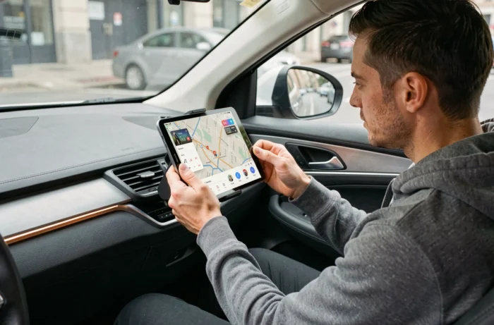 Homme installant une tablette Android comme interface CarPlay sur le tableau de bord d'un SUV