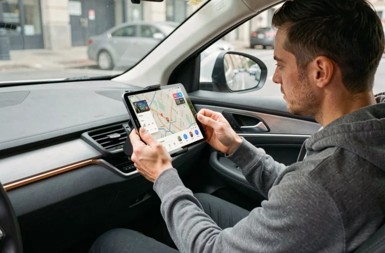 Homme installant une tablette Android comme interface CarPlay sur le tableau de bord d'un SUV
