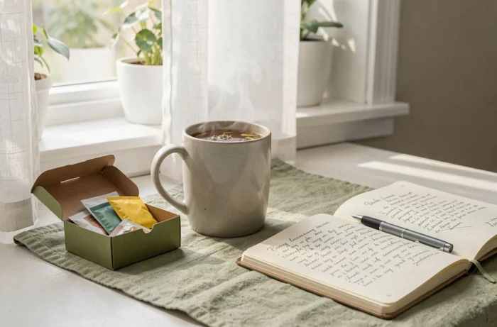 Tasse de tisane détox Lulutox avec sachet et journal de bien-être sur un comptoir de cuisine