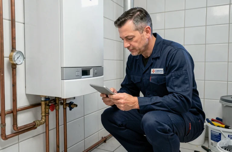 Technicien en chauffage inspectant une nouvelle chaudière à condensation dans une buanderie bruxelloise