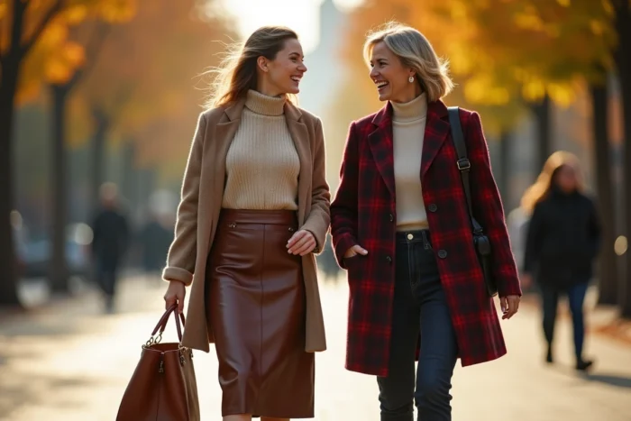 Deux femmes élégantes en tenues tendance automne marchant sur une avenue arborée, style éditorial street fashion saison