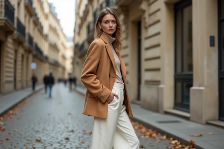 Femme élégante en blazer camel oversize et pantalon blanc taille haute dans une rue pavée parisienne en automne, tendances mode saison
