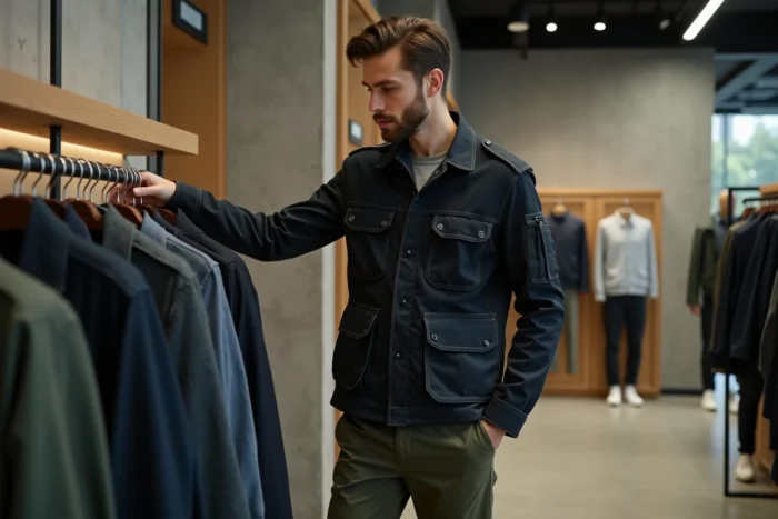 Homme stylé en veste utility marine et chino olive dans un concept store moderne, tendances mode masculine automne-hiver