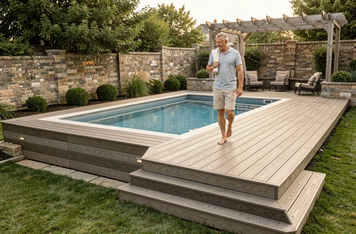 Terrasse en bois composite surélevée autour d'une piscine rectangulaire moderne avec escalier intégré et jardin en arrière-plan
