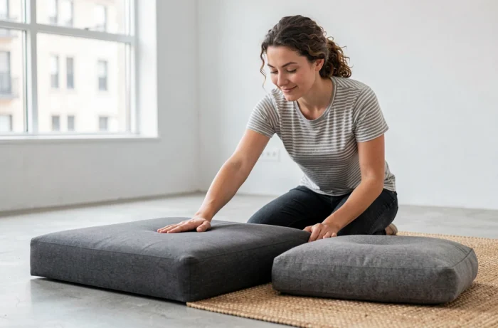 Femme testant la fermeté d'un coussin de canapé Poltronesofa après remplacement de la mousse