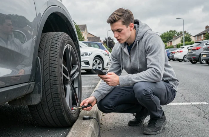 Jeune homme vérifiant la pression des pneus de sa voiture dans un parking avec un guide automobile sur smartphone