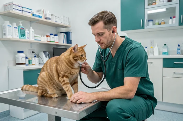 Vétérinaire examinant un chat roux sur une table d'auscultation dans une clinique vétérinaire professionnelle