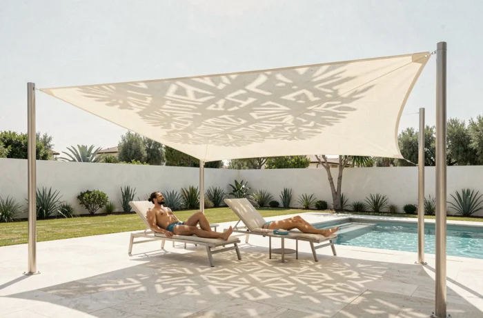 Voile d'ombrage triangulaire tendue en tissu écru au-dessus d'une plage de piscine avec transats et fixations en inox