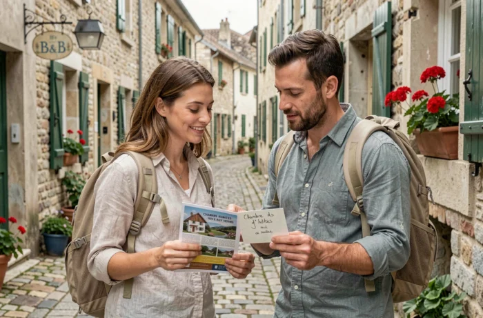 Couple de voyageurs comparant un hôtel et une chambre d'hôtes dans une rue pavée d'un village français