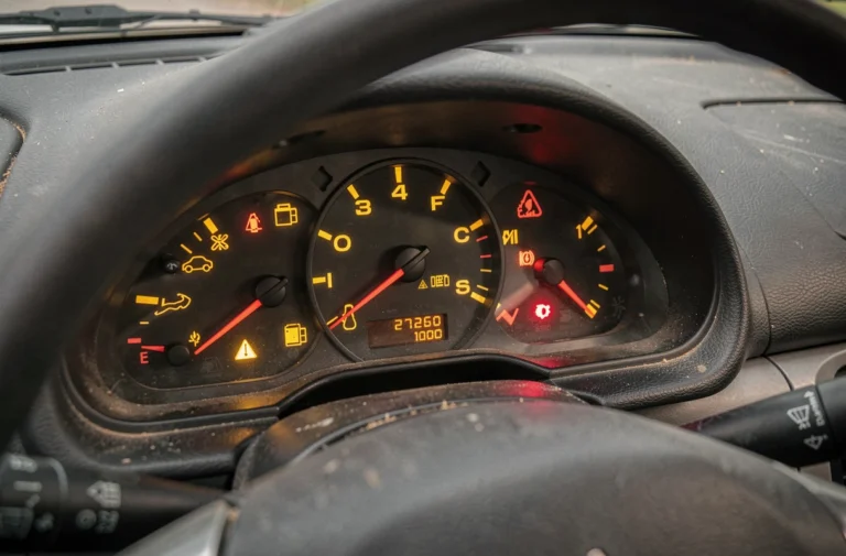Tableau de bord d'une Peugeot 206 avec plusieurs voyants d'alerte allumés en orange et rouge